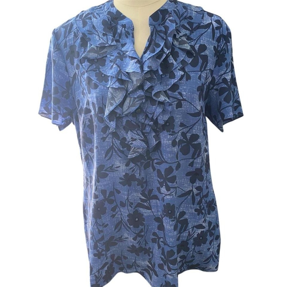 Blue Pendleton 100 % silk floral blouse with‎ ruffle neckline womens size 14